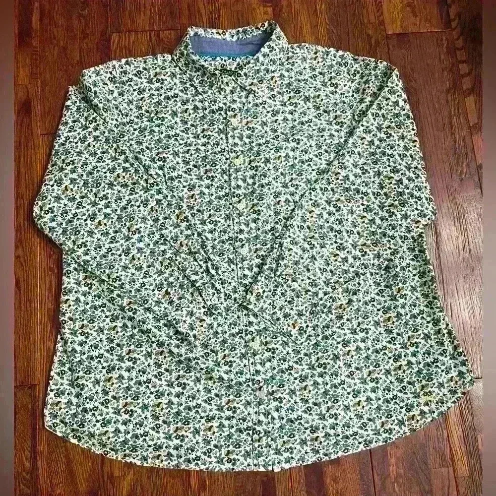 TALBOTS Ditsy Floral Mushroom Button Down Shirt in Blue/Green/Yellow